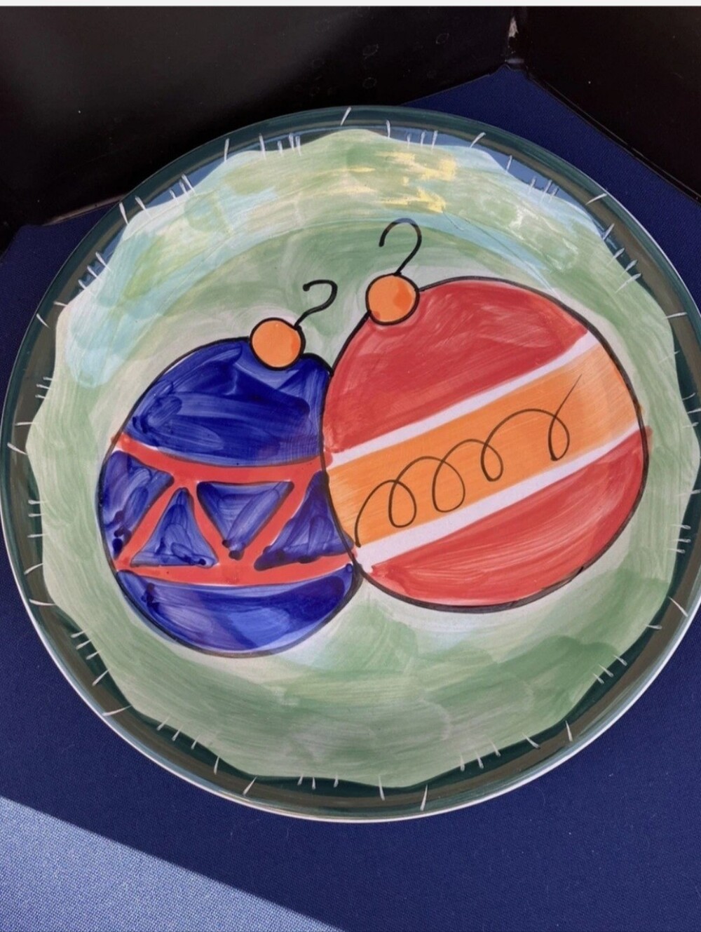 Hand-Painted Holiday Ornament Art Plate - Blue & Red